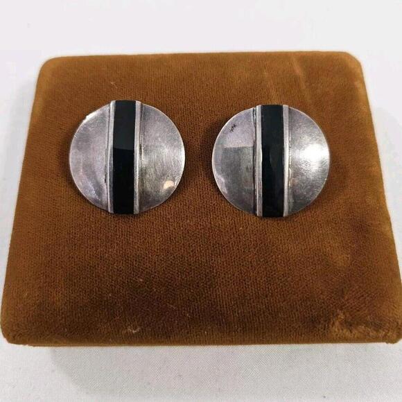 Jewelry - 925 Sterling Silver Black Onyx Stud Earrings Statement Round Mid Century Western